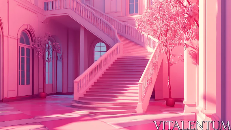 Monochromatic Pink Interior Architecture with Grand Staircase