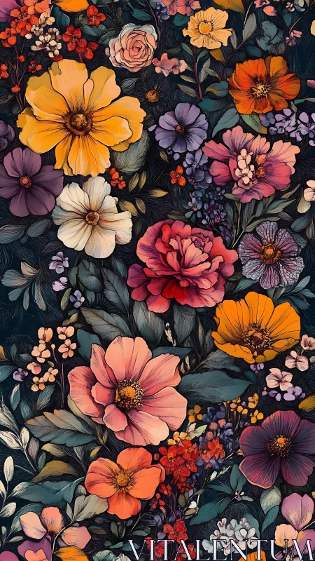 Dense Botanical Illustration With Layered Florals Rendered In Rich Saturated Color Palette