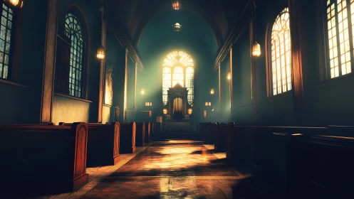 3D lit cathedral nave with vaulted arches and glowing apse window.