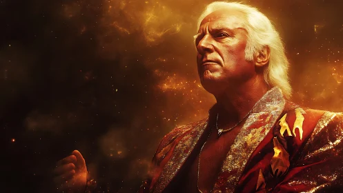 Elderly man in fiery robe amid glowing cosmic haze.