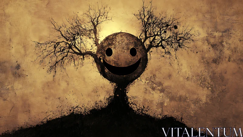 Surreal tree with smiling face against textured dusk sky.