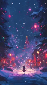 Snowlit child beneath a towering cosmic Christmas wonderland.