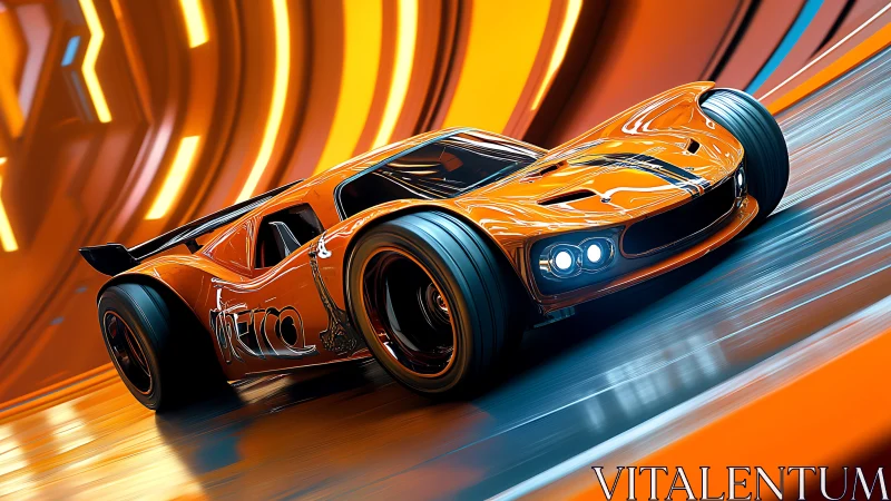 Orange concept race car on curved illuminated track surface.