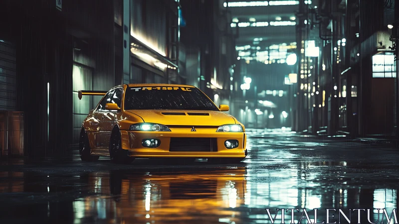 Bold yellow street racer glowing in a rainy night alley.