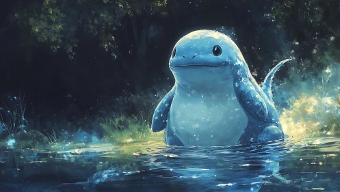 Moonlit marsh sprite glows in a dreamy, glittering forest pond.