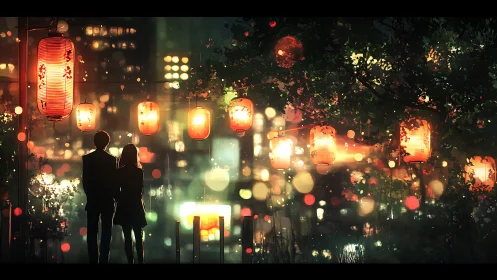 Silhouetted couple under lantern-lit urban night garden.