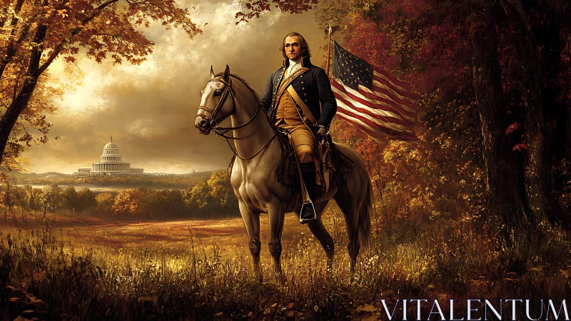 Rider in autumn light overlooking a distant Capitol dome.