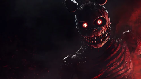 Mechanical rabbit figure stands in red-illuminated darkness