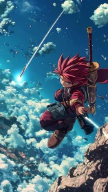 Skyborne anime warrior dives through clouds toward destiny