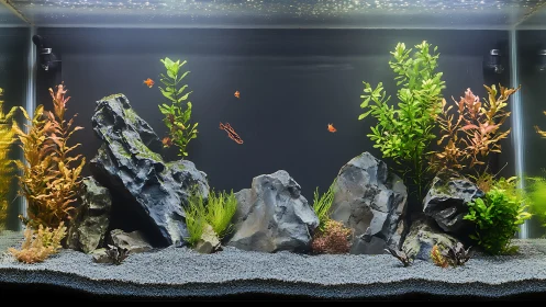 Serene aquascape aquarium highlights rocks, plants and fish