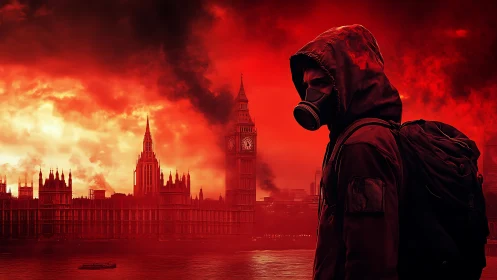 Hooded survivor over apocalyptic London skyline at dusk.