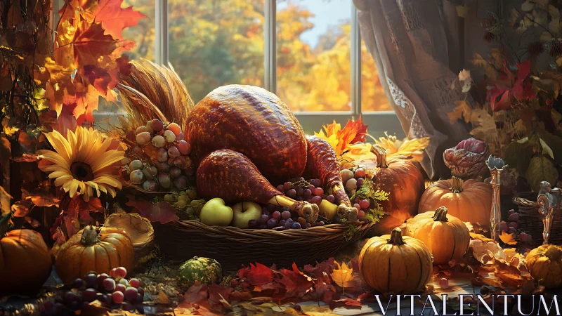 Roasted turkey centerpiece with autumn harvest produce display.