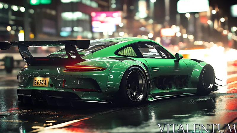 Green widebody sports car on neon city street at night.