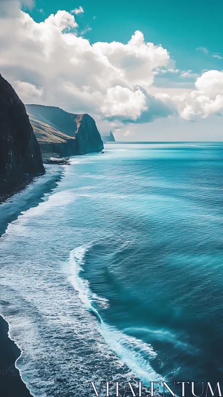 Turquoise coastal cliffs meet luminous surf under towering clouds