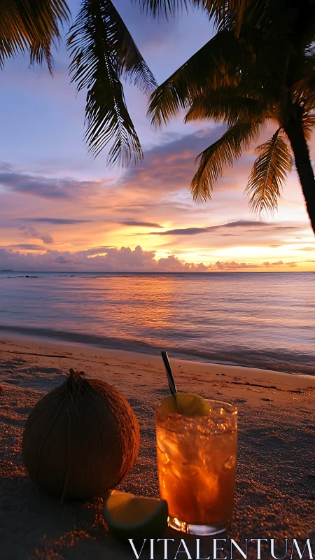 Tropical Sunset Beach with Coconut Drink and Palm Fronds.