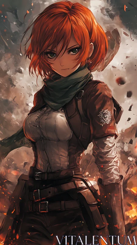 Fiery haired anime warrior amid embers and smoke storm.
