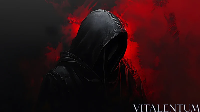 Hooded dark figure emerges from vivid red shadow haze
