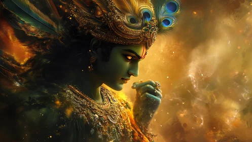 Profile view of ornate blue-skinned figure in golden light.