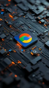 3D cyber interface chip with neon circuitry grid focus.