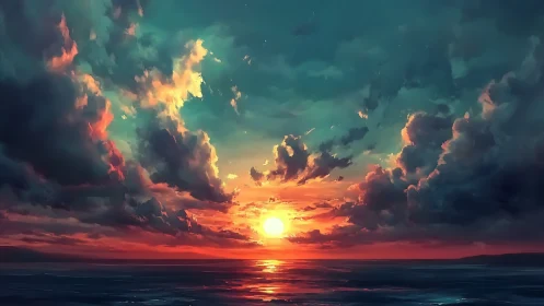 Glowing ocean sunset wrapped in dramatic, colorful clouds.