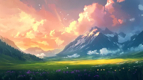 Sunlit alpine meadow unfolds beneath luminous painted clouds