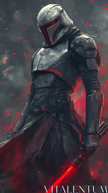 Armored sci fi warrior with red energy sword in smoke