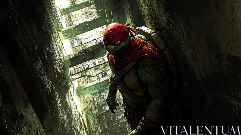 Mutated turtle warrior in narrow, weathered urban passage.