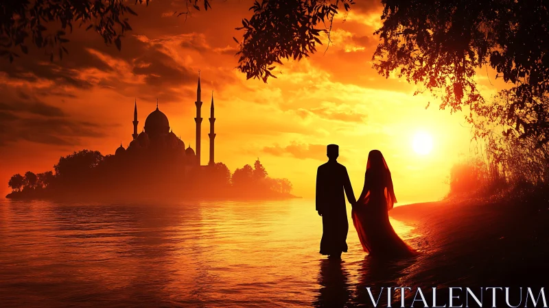 Silhouetted Couple Overlooking Eastern Mosque at Sunset.
