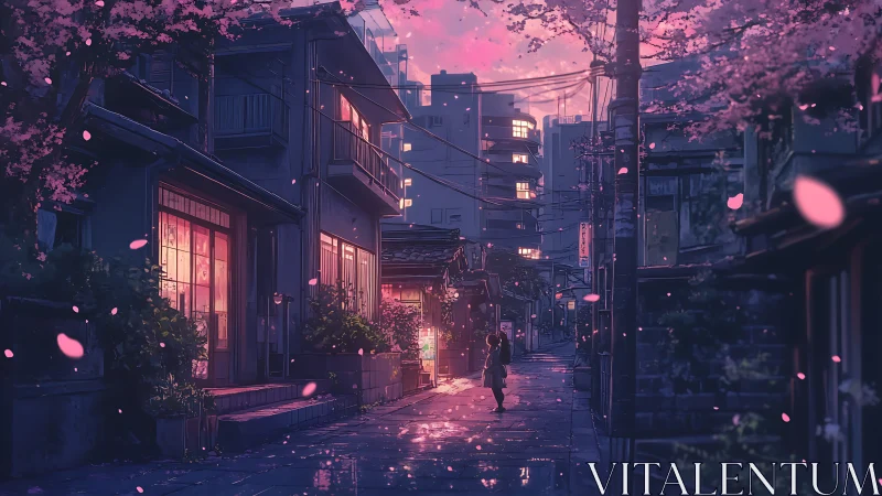 Cherry blossom alley shows illuminated homes at pink dusk