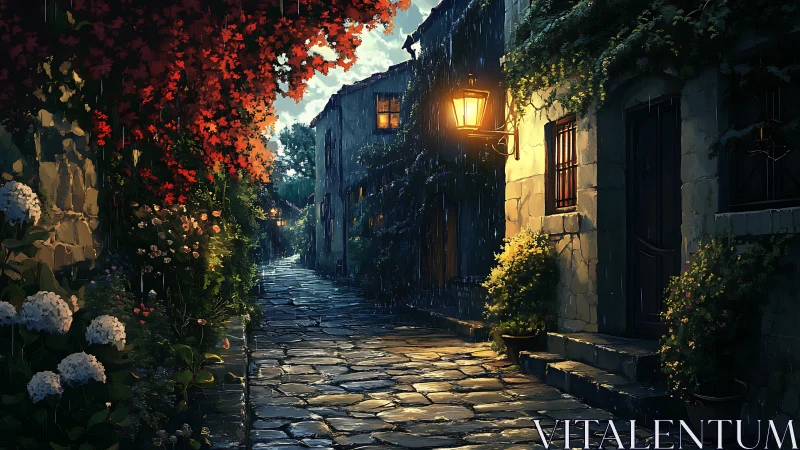 Cozy stone alley glowing softly under a gentle evening rain.