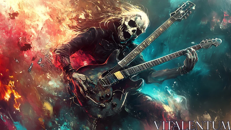 Skeletal guitarist shreds double‑neck electric amid cosmic firestorm