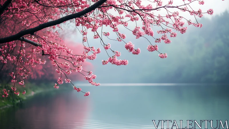 Cherry blossoms frame tranquil misty lakeside panorama.