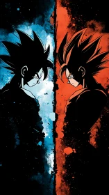 Dual anime warriors in symmetrical red blue split composition