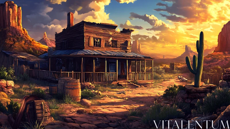 Sunset light wraps a weathered desert saloon in quiet charm