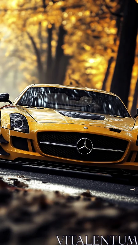 Golden sports car gliding through a glowing autumn forest.