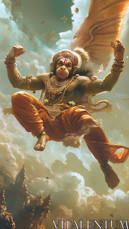 Skyborne monkey deity storms the clouds in molten gold