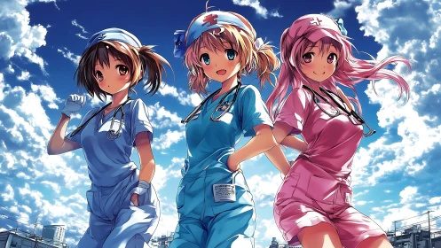Three anime-style nurses stand outdoors under a bright sky