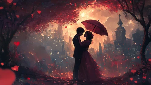Romantic Embrace Under Red Umbrella Against Cityscape.