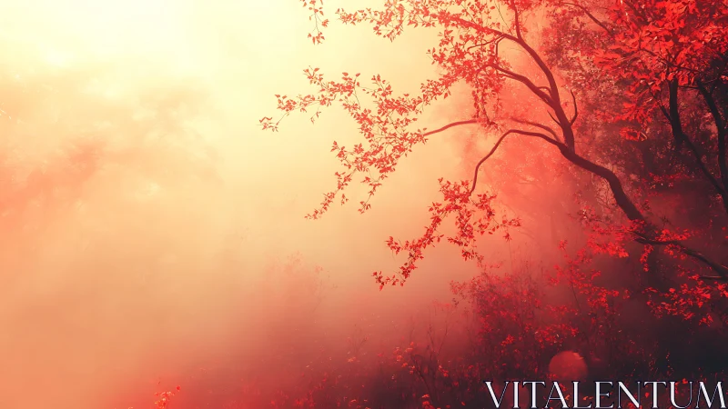 Scarlet forest canopy glows through luminous morning fog.