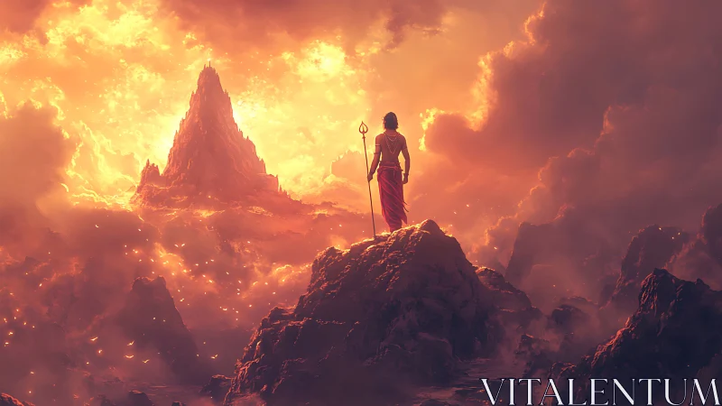 Lone wanderer greeting a blazing mountain of sunrise fire.