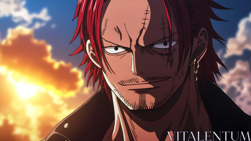 Scarred red haired anime pirate in sunset backlight portrait