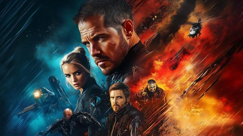 Split-realm sci fi warriors amid rainstorm and inferno clash.