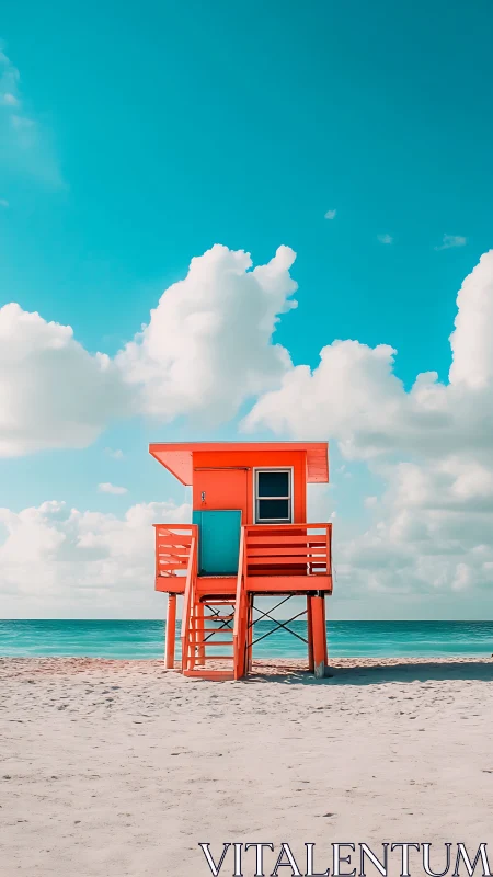Vivid coral lifeguard tower on minimal tropical shoreline.