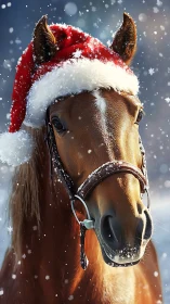 Chestnut horse in Santa hat under softly lit falling snowflakes