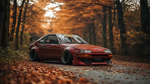 Stanced red tuner car on leaf-covered autumn forest road.
