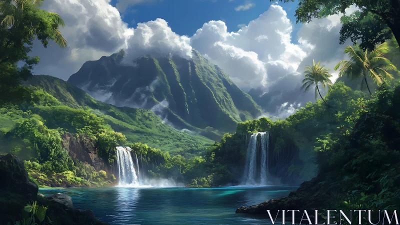 Lush tropical valley with dual waterfalls under towering clouds