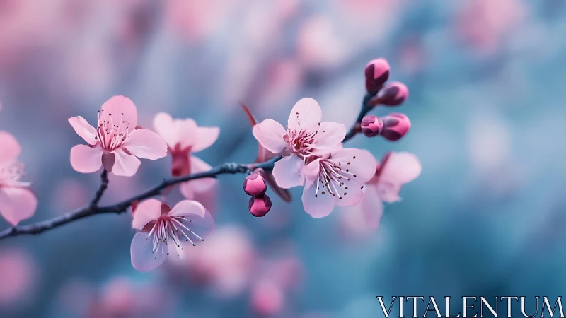 Delicate Pink Cherry Blossoms with Burgundy Buds on Soft Defocused Blue-Pink Bokeh