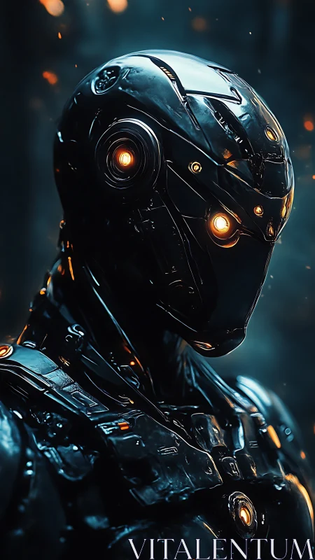 Luminous android guardian glowing softly in neon dusk.