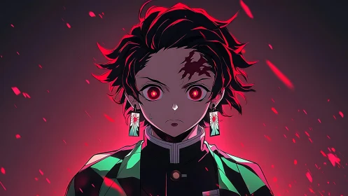 Demon-eyed swordsman faces crimson storm of embers