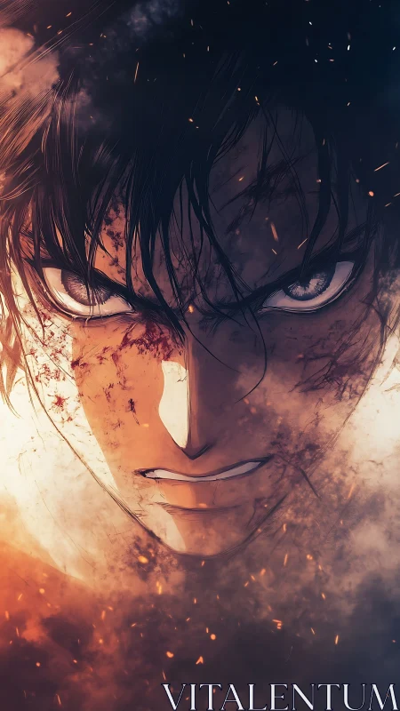 Close frontal anime portrait shows intense, damaged face